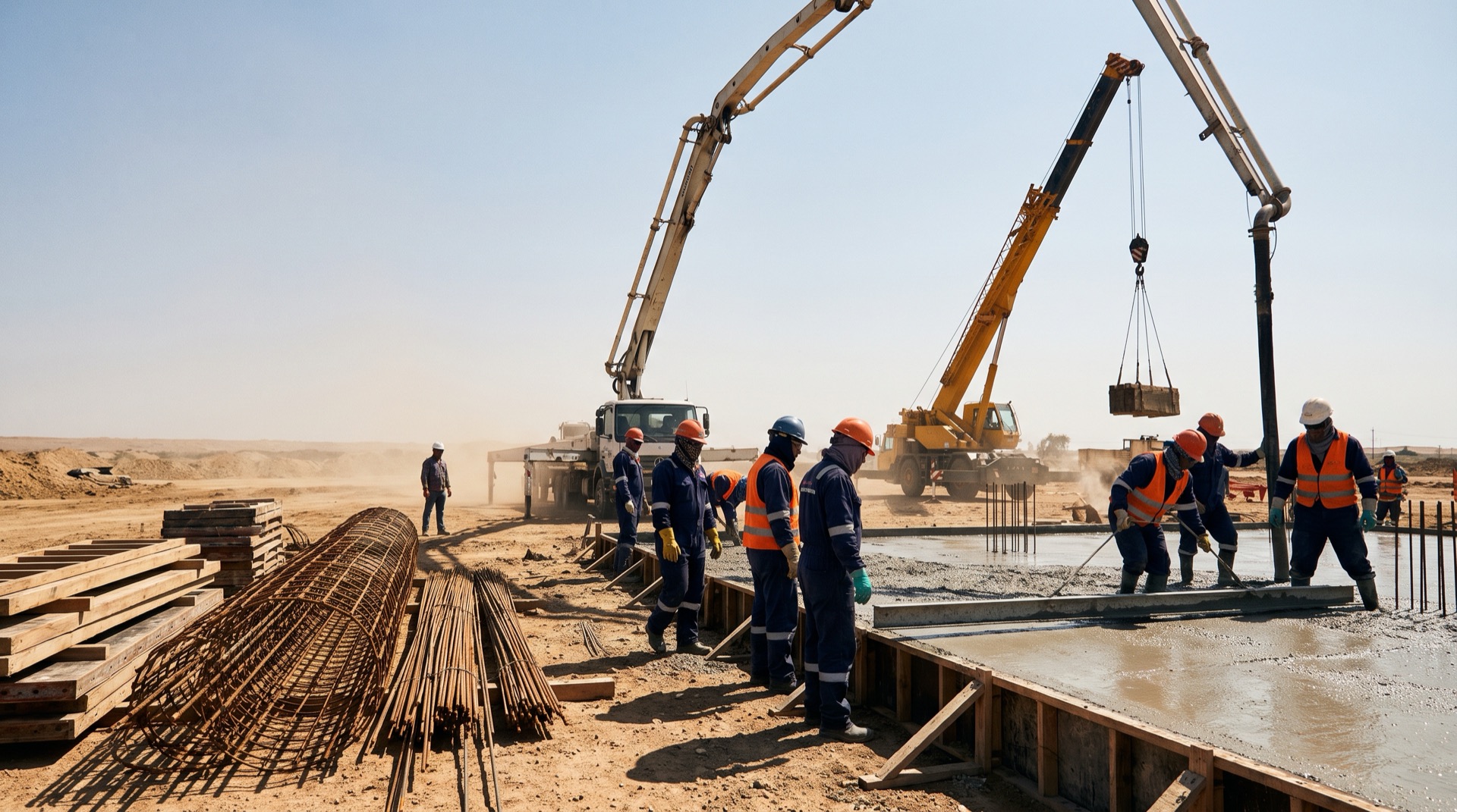Cuadrilla vaciando concreto sobre encofrado y cabillas en obra civil industrial