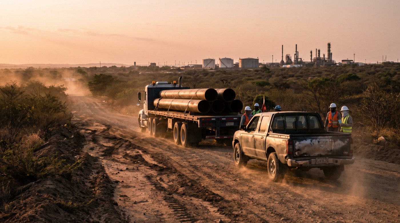 Convoy logístico: camión plataforma con tubería y camioneta en ruta a una instalación
