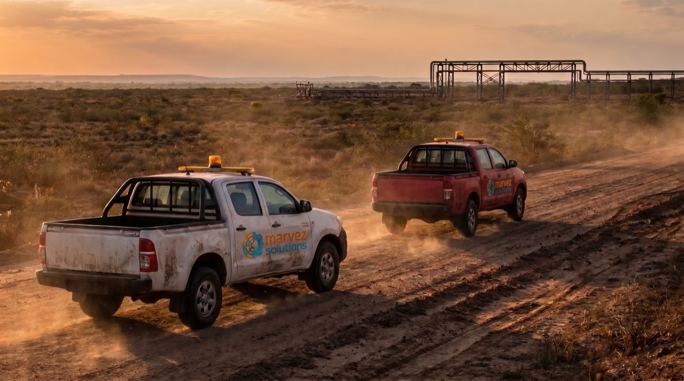 Camiones circulando por un camino de tierra hacia una instalación en tierra